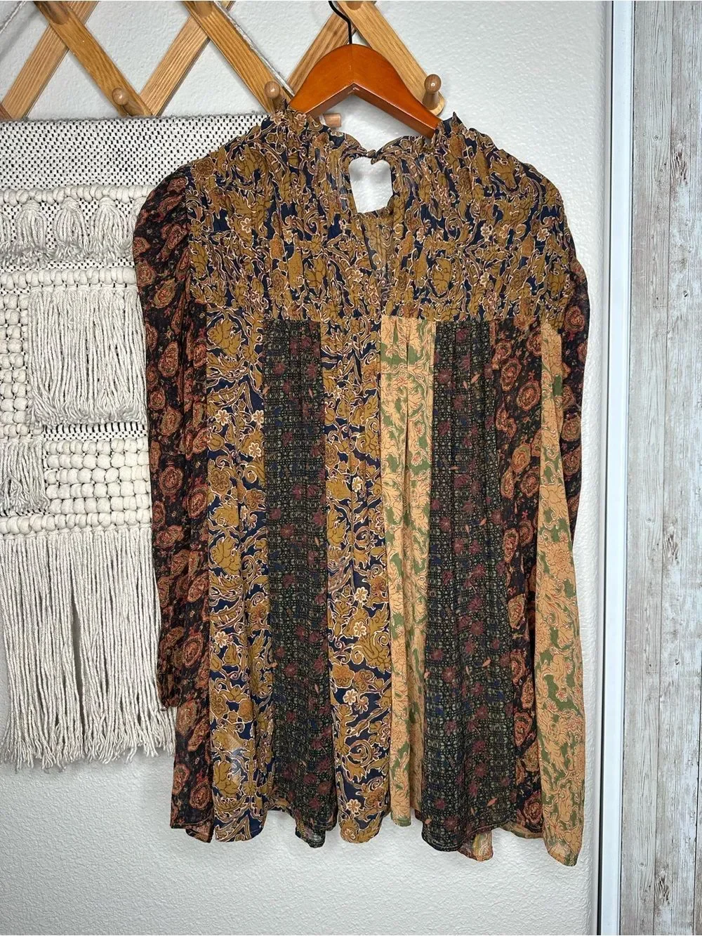 Boho Patchwork Peasant Blouse in Mustard & Black